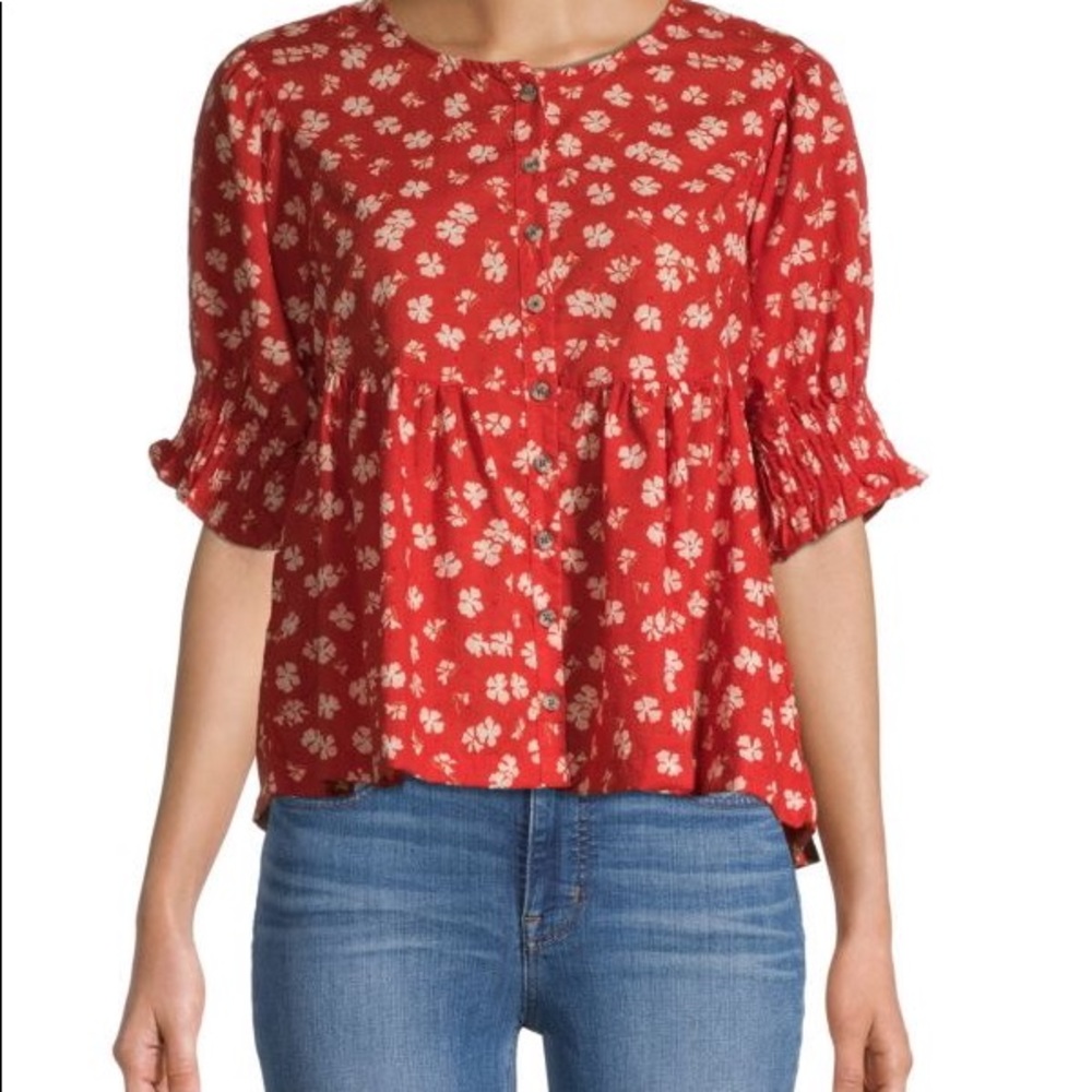 Madewell Chili Flower Red Pintuck Peplum Blouse Sz M EUC